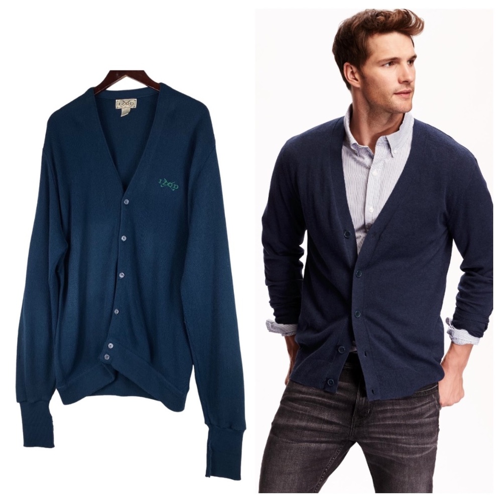 Vtg 70s 80s Izod Mens XL Cardigan Sweater Navy Blue V-Neck Grandpa Cobain
